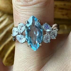 Genuine Sky Blue Topaz Rainbow Moonstone Sterling Silver Ring Size 7